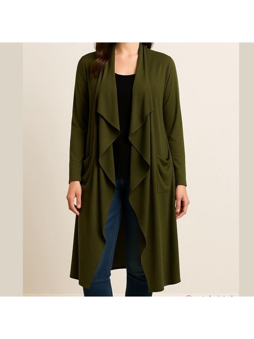 SYMPLI open front long cardigan duster Olive Green Drape Cardigan jacket size 2